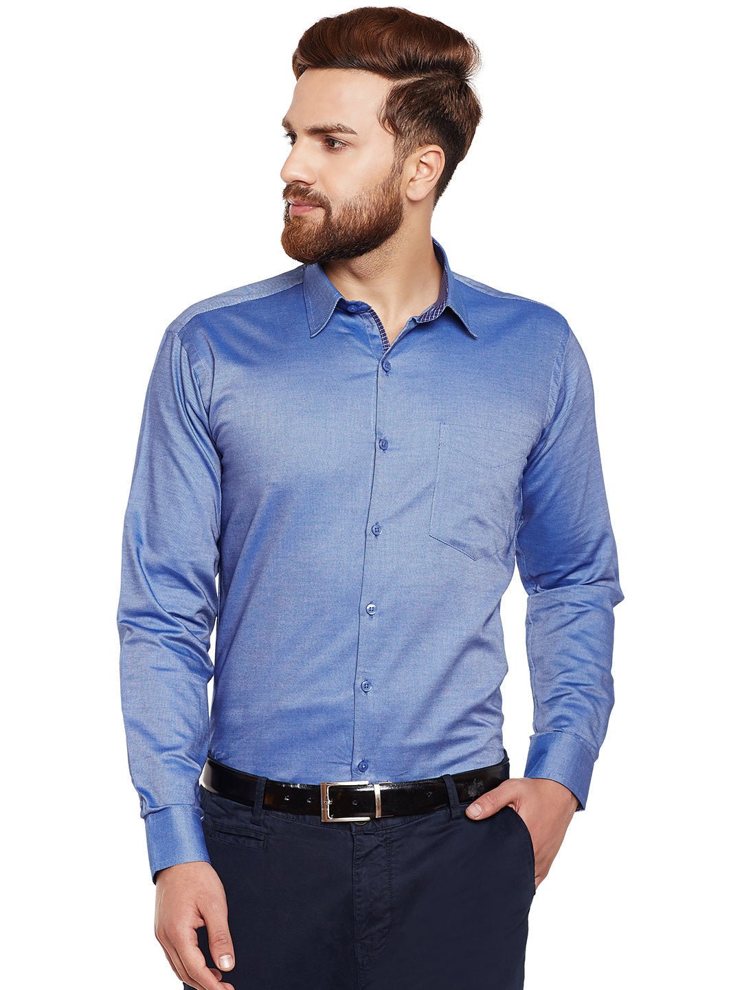 Men Blue Self Design Pure Cotton Slim Fit Formal Shirt - #folk republic#