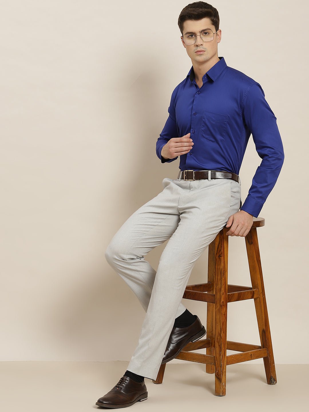 Men Blue Solid Pure Cotton Slim Fit Formal Shirt - #folk republic#