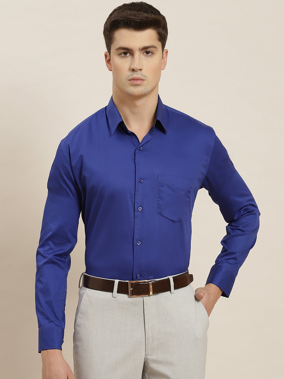 Men Blue Solid Pure Cotton Slim Fit Formal Shirt - #folk republic#