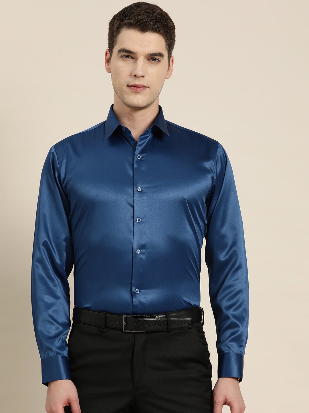 Men Blue Solid Satin Tuxedo Slim fit Party Shirt - #folk republic#