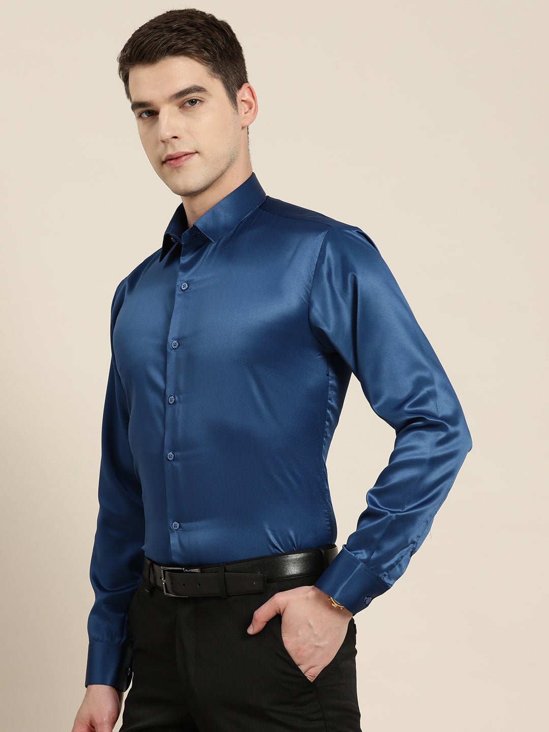 Men Blue Solid Satin Tuxedo Slim fit Party Shirt - #folk republic#