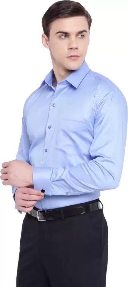 Men Blue Solid Slim Fit French Cuff Pure Cotton Formal Shirt - #folk republic#