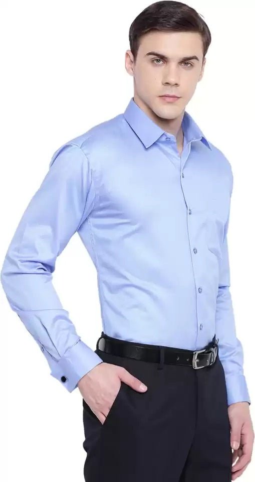 Men Blue Solid Slim Fit French Cuff Pure Cotton Formal Shirt - #folk republic#
