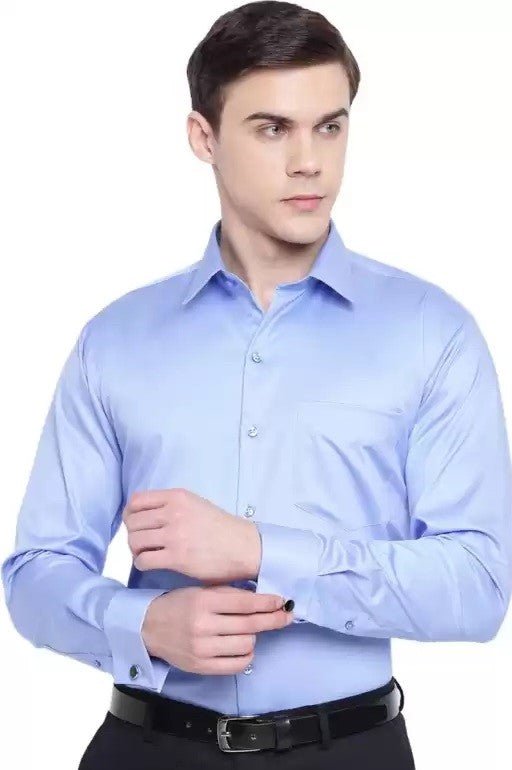 Men Blue Solid Slim Fit French Cuff Pure Cotton Formal Shirt - #folk republic#