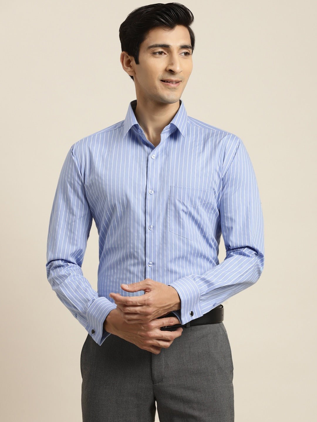 Men Blue Striped Premium Pure Cotton French Cuff Slim Fit Formal Shirt - #folk republic#