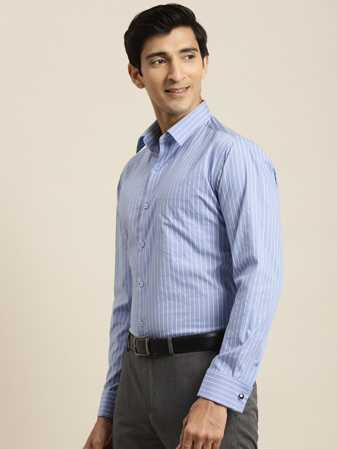 Men Blue Striped Premium Pure Cotton French Cuff Slim Fit Formal Shirt - #folk republic#
