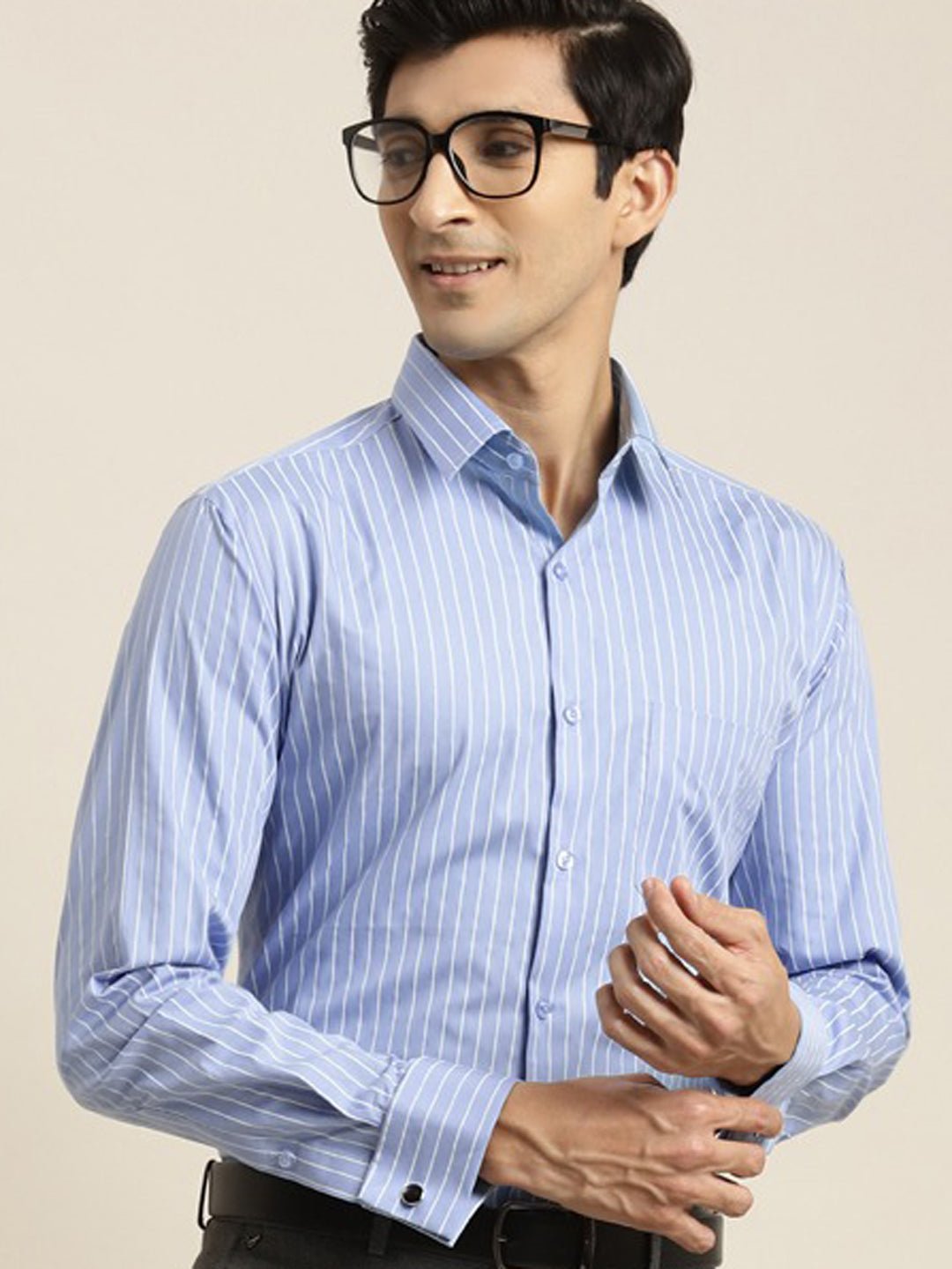 Men Blue Striped Premium Pure Cotton French Cuff Slim Fit Formal Shirt - #folk republic#