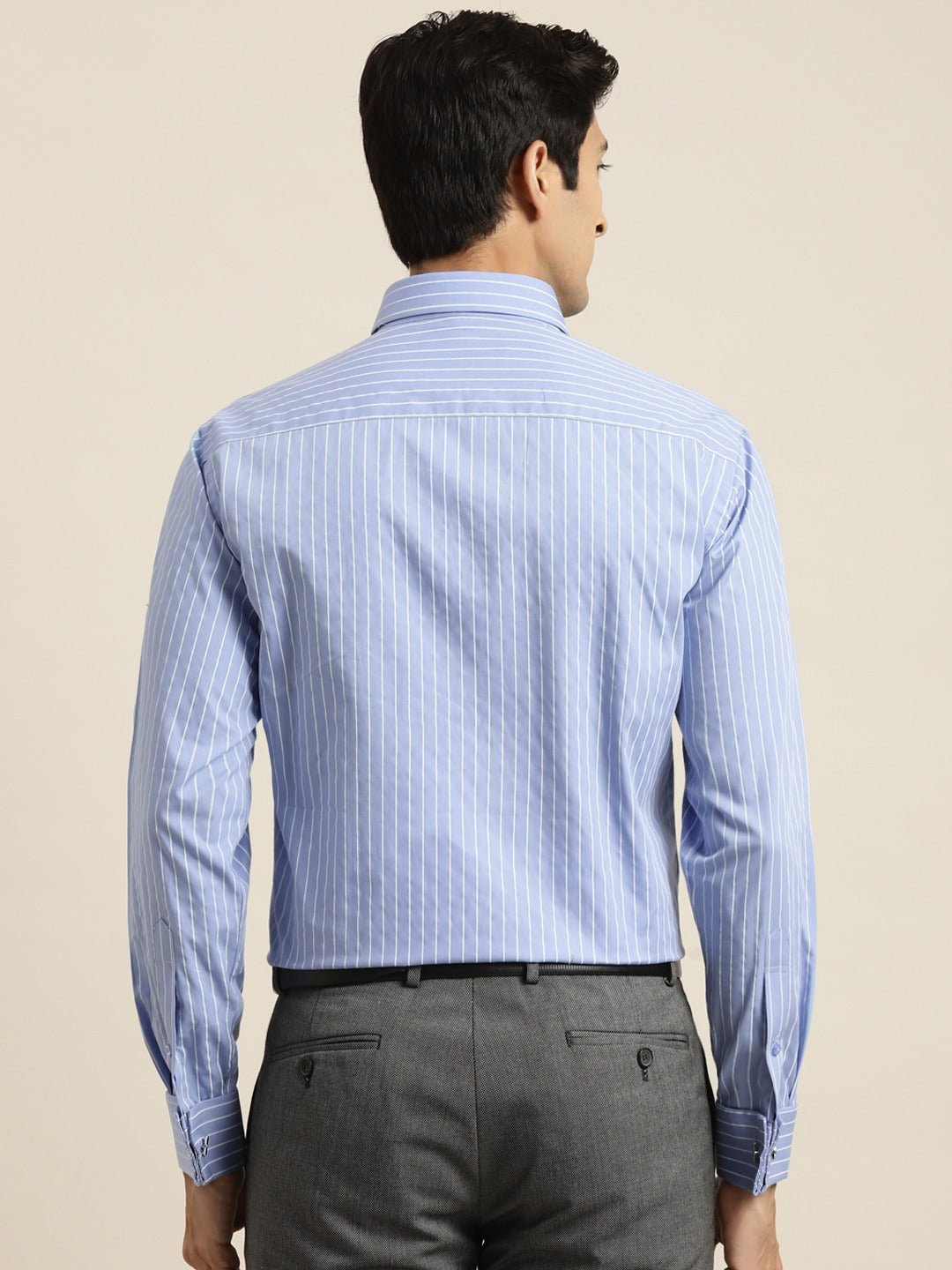 Men Blue Striped Premium Pure Cotton French Cuff Slim Fit Formal Shirt - #folk republic#