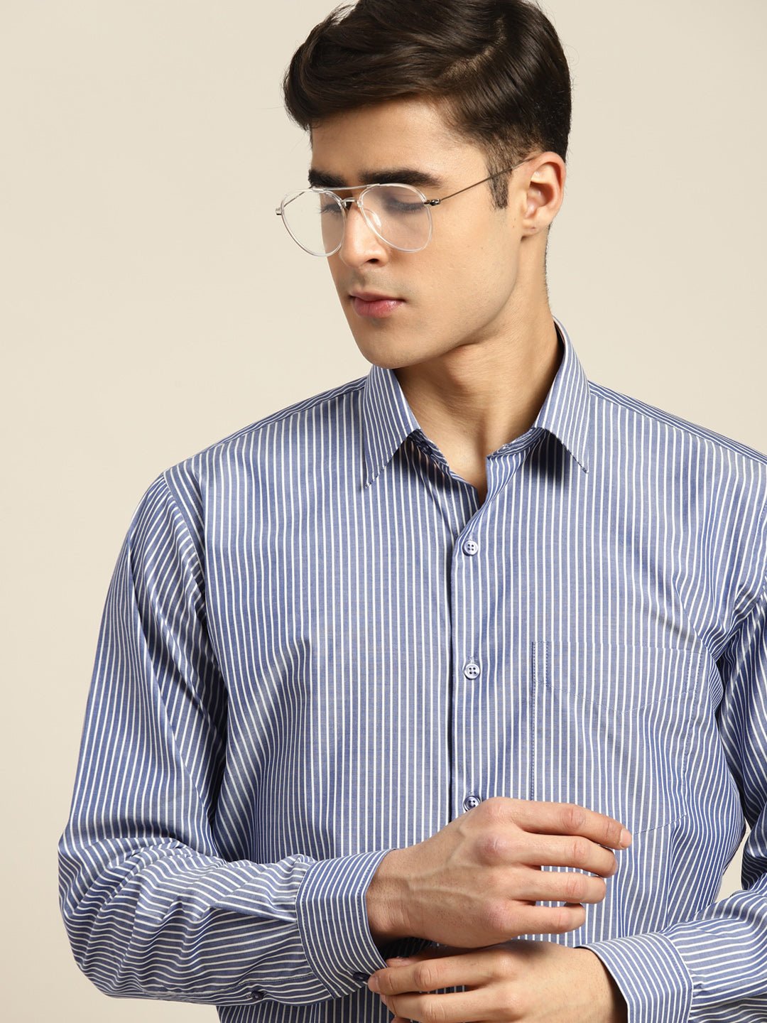 Men Blue Stripes Pure Cotton Slim fit Formal Shirt - #folk republic#
