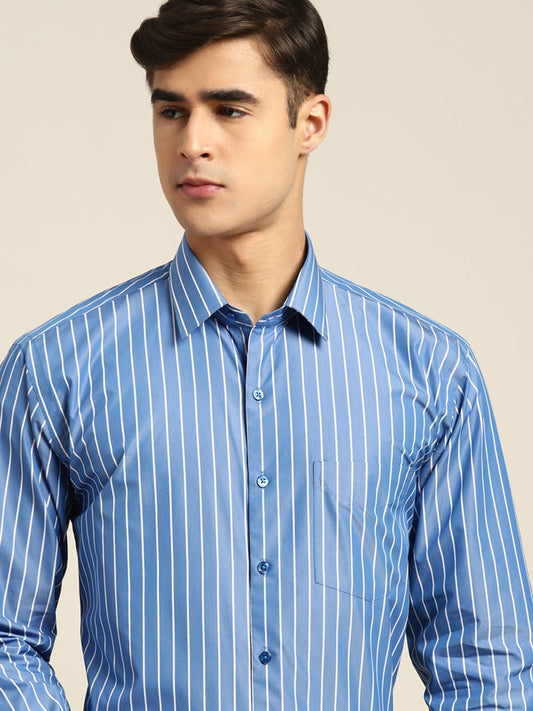 Men Blue Stripes Pure Cotton Slim fit Formal Shirt - #folk republic#