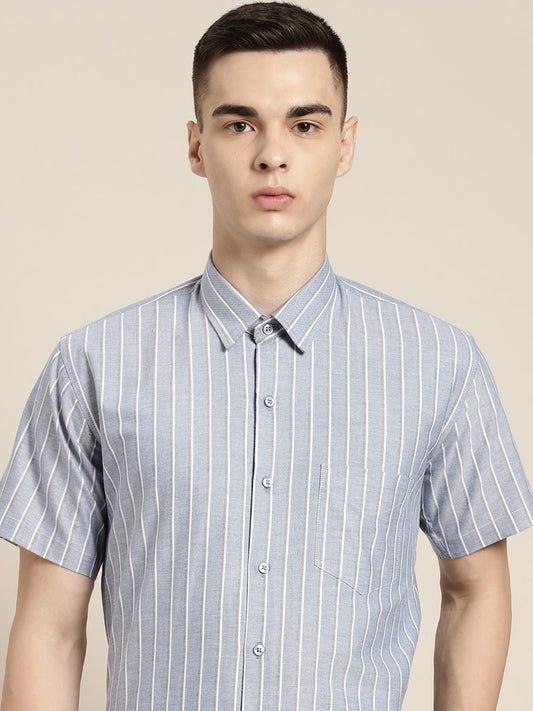 Men Blue Stripes Pure Cotton Slim fit Formal Shirt - #folk republic#