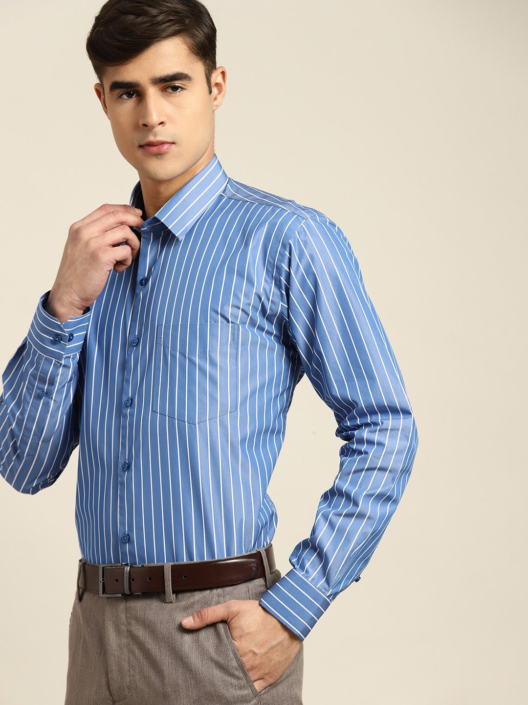 Men Blue Stripes Pure Cotton Slim fit Formal Shirt - #folk republic#