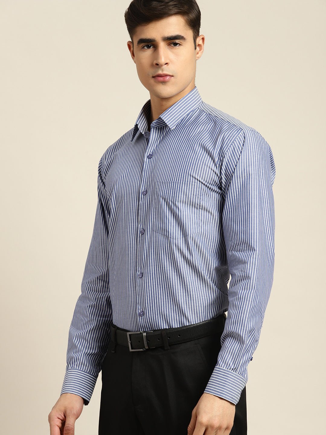 Men Blue Stripes Pure Cotton Slim fit Formal Shirt - #folk republic#