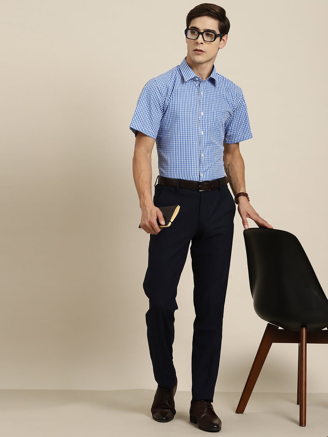 Men Blue & White Gingham Check Short Sleeve Slim fit Formal Shirt - #folk republic#