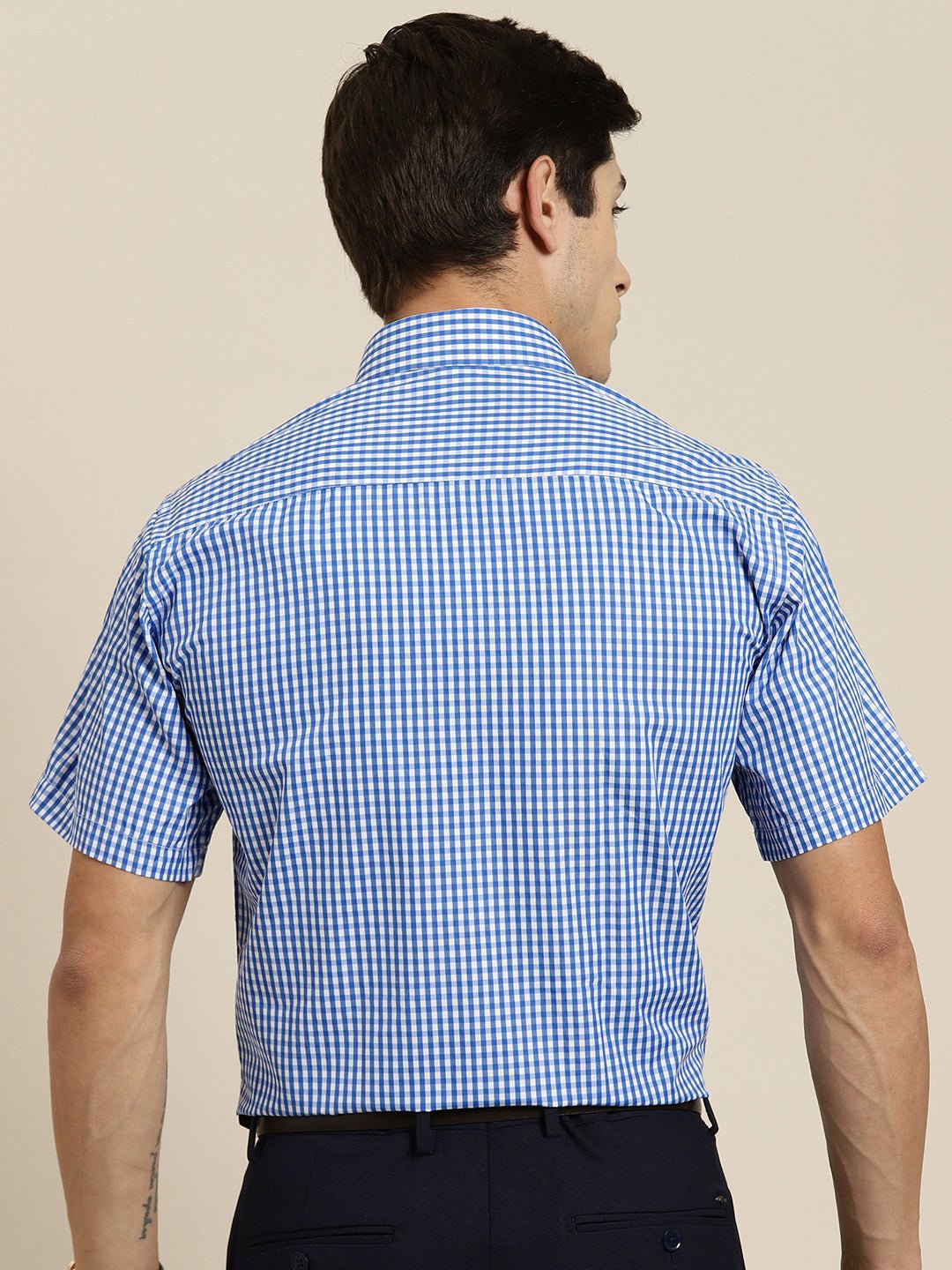 Men Blue & White Gingham Check Short Sleeve Slim fit Formal Shirt - #folk republic#