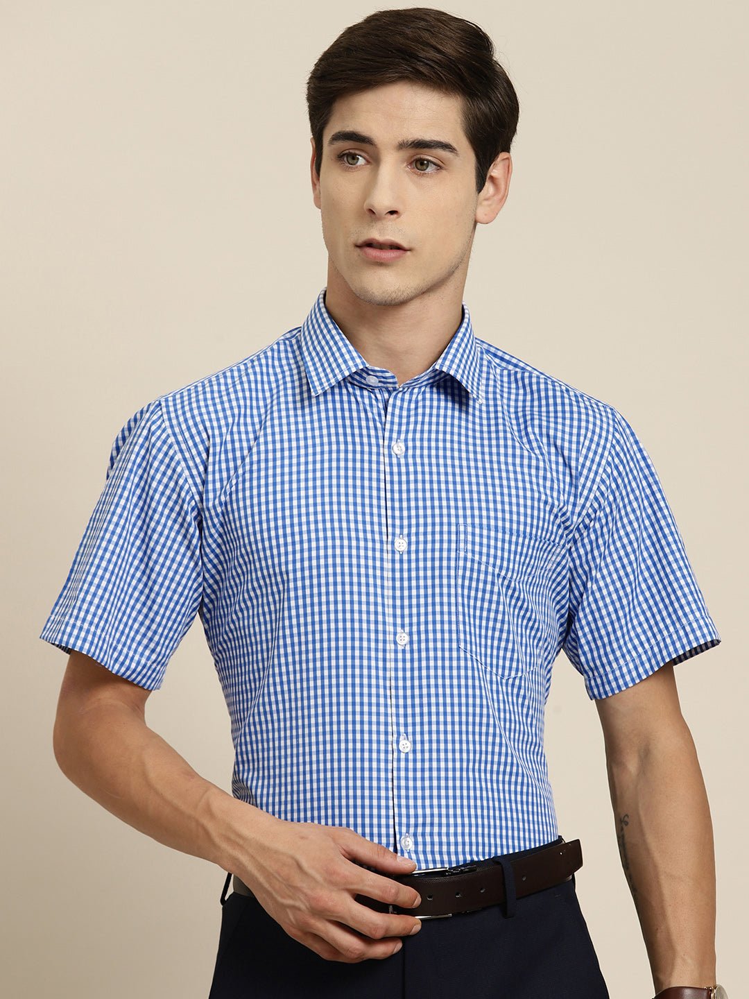 Men Blue & White Gingham Check Short Sleeve Slim fit Formal Shirt - #folk republic#