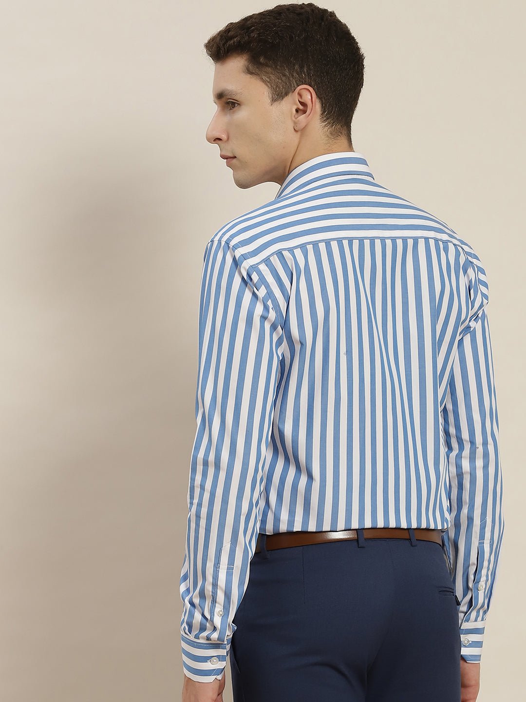 Men Blue & White Striped Pure Cotton Slim Fit Formal Shirt - #folk republic#