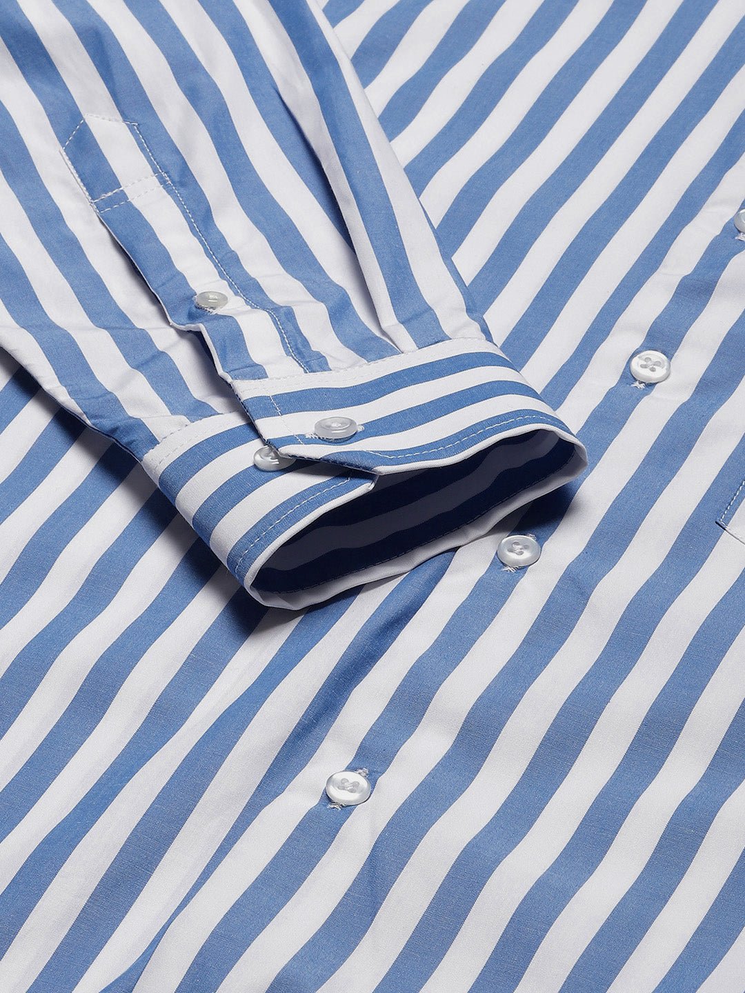 Men Blue & White Striped Pure Cotton Slim Fit Formal Shirt - #folk republic#