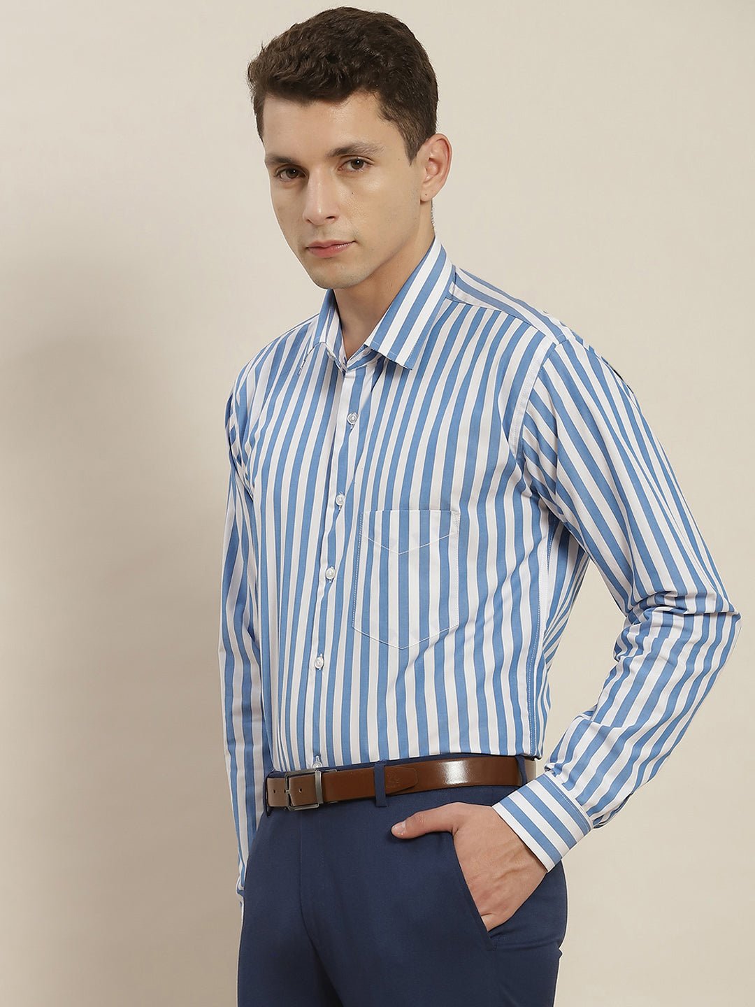 Men Blue & White Striped Pure Cotton Slim Fit Formal Shirt - #folk republic#