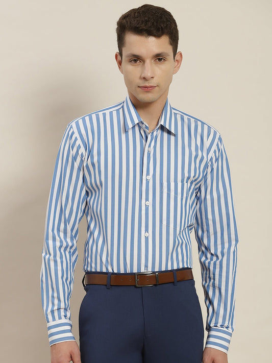 Men Blue & White Striped Pure Cotton Slim Fit Formal Shirt - #folk republic#