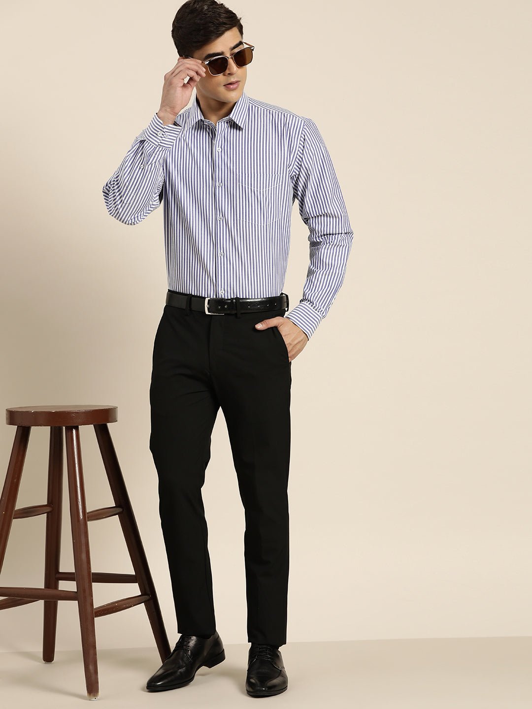 Men Blue & White Stripes Pure Cotton Regular Fit Formal Shirt - #folk republic#