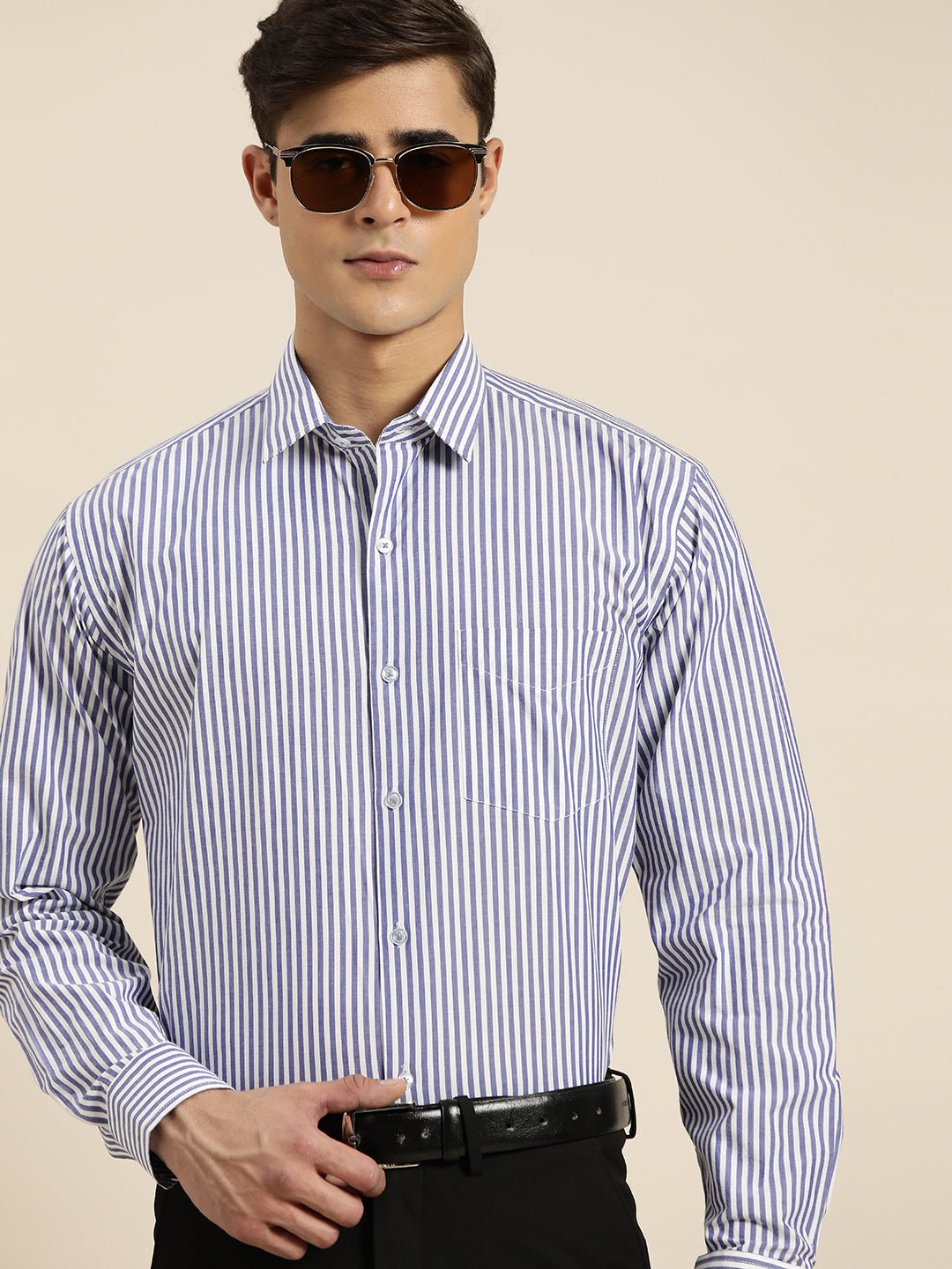 Men Blue & White Stripes Pure Cotton Regular Fit Formal Shirt - #folk republic#