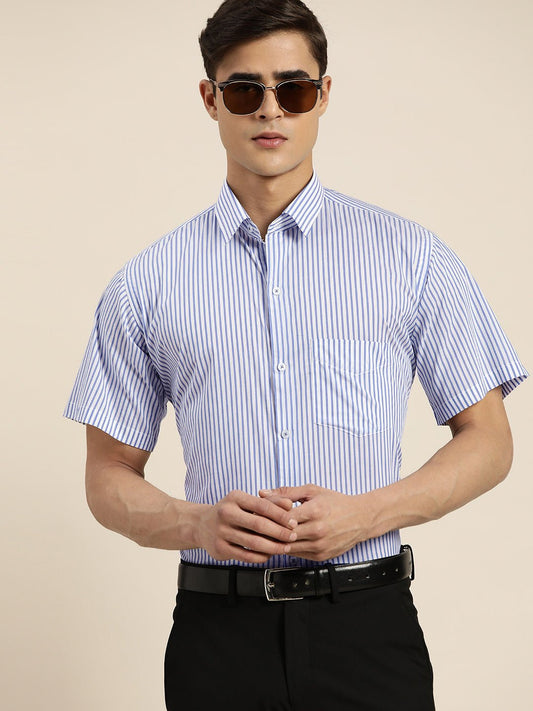 Men Blue & White Stripes Pure Cotton Slim fit Formal Shirt - #folk republic#