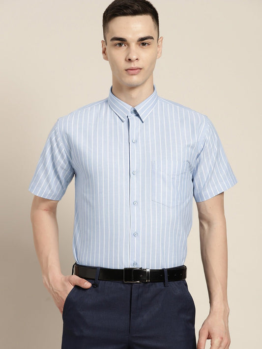 Men Blue & White Stripes Pure Cotton Slim fit Formal Shirt - #folk republic#
