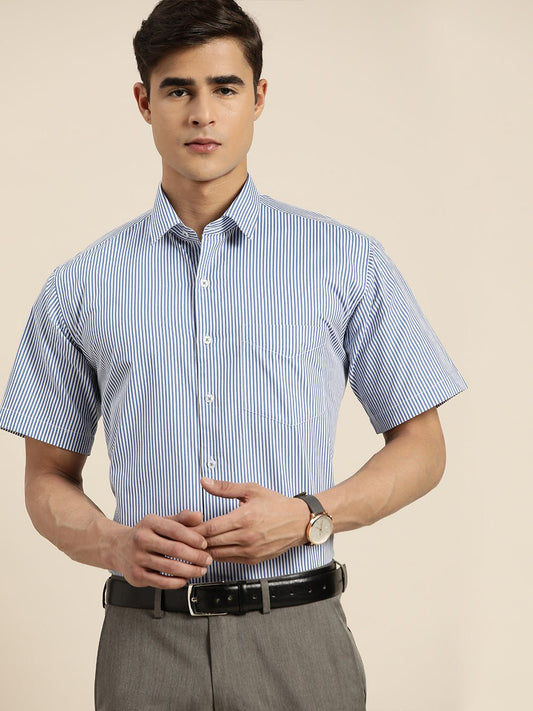Men Blue & White Stripes Pure Cotton Slim fit Formal Shirt - #folk republic#