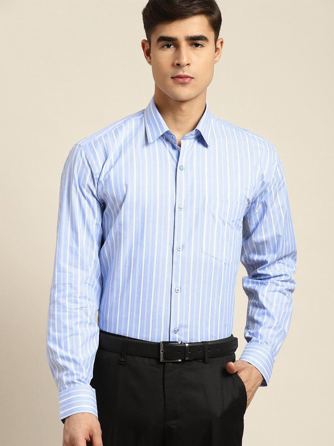 Men Blue & White Stripes Pure Cotton Slim fit Formal Shirt - #folk republic#