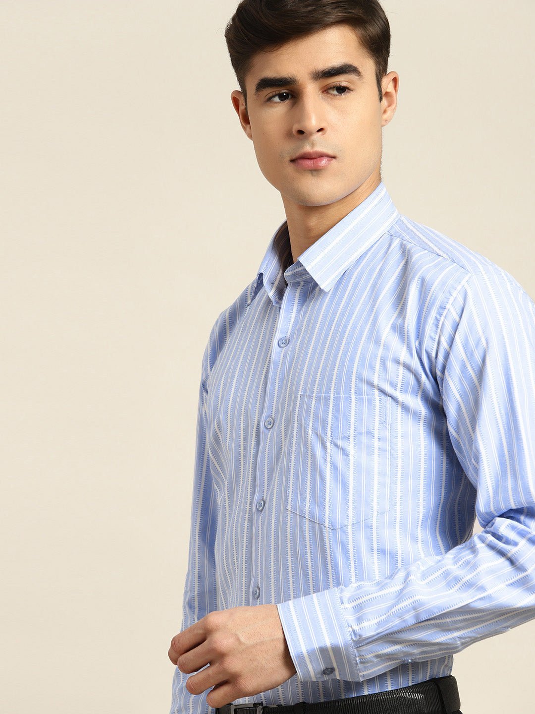 Men Blue & White Stripes Pure Cotton Slim fit Formal Shirt - #folk republic#