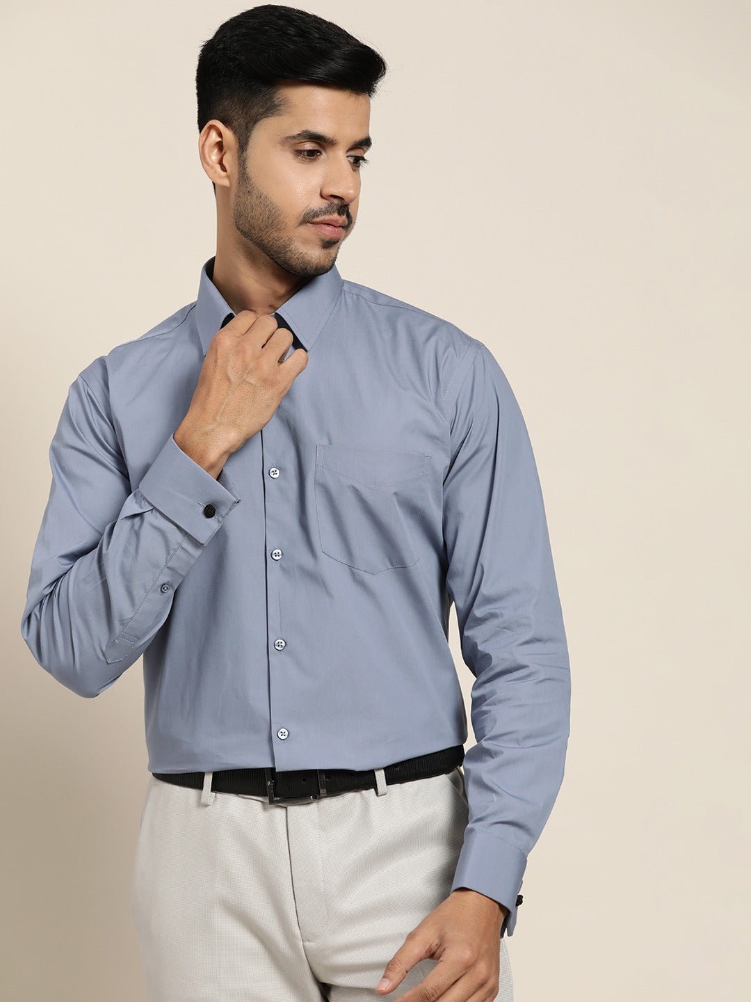 Men Bottel Grey Solid Slim Fit French Cuff Pure Cotton Formal Shirt - #folk republic#