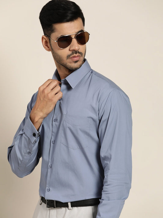 Men Bottel Grey Solid Slim Fit French Cuff Pure Cotton Formal Shirt - #folk republic#