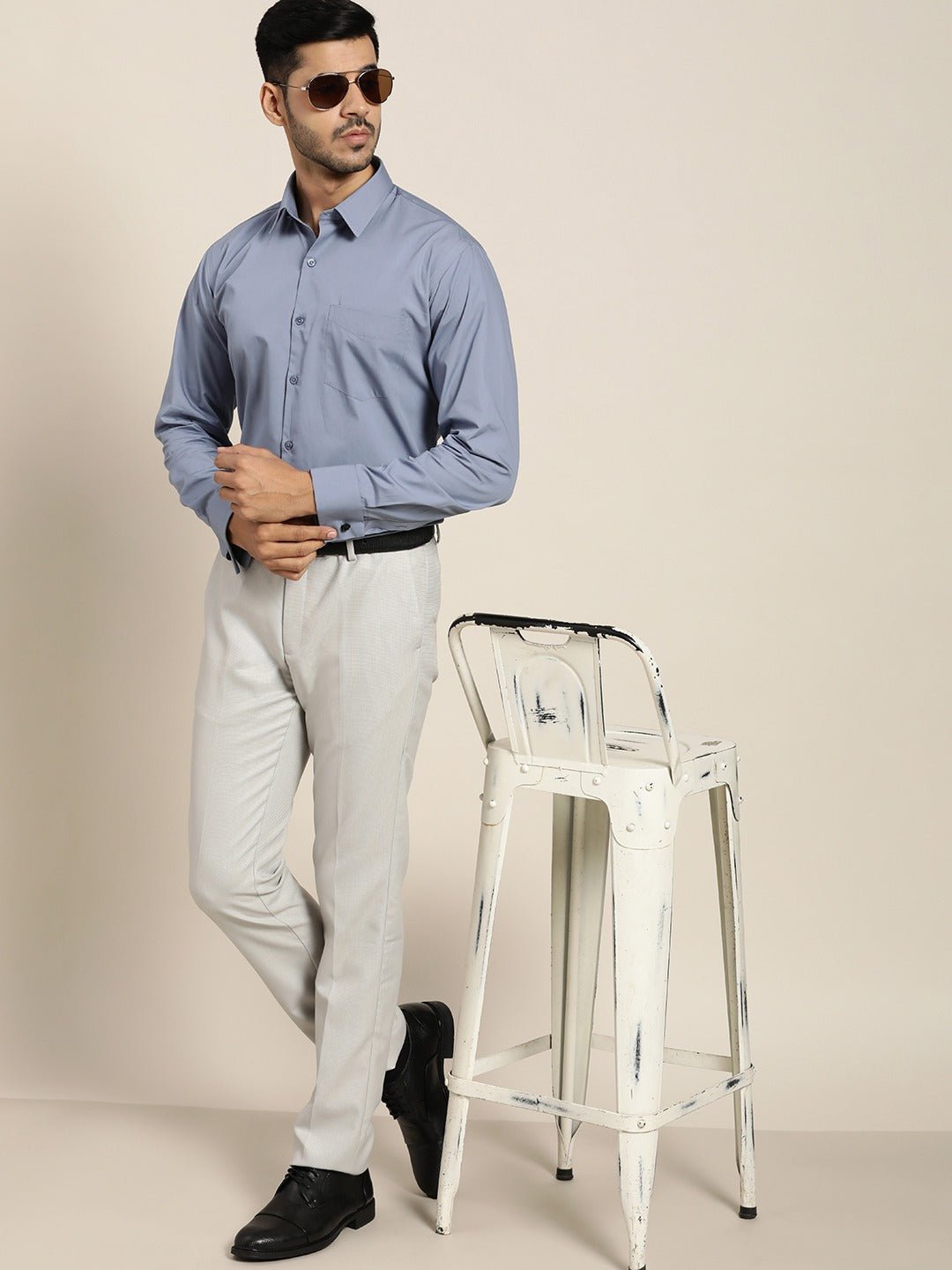 Men Bottel Grey Solid Slim Fit French Cuff Pure Cotton Formal Shirt - #folk republic#