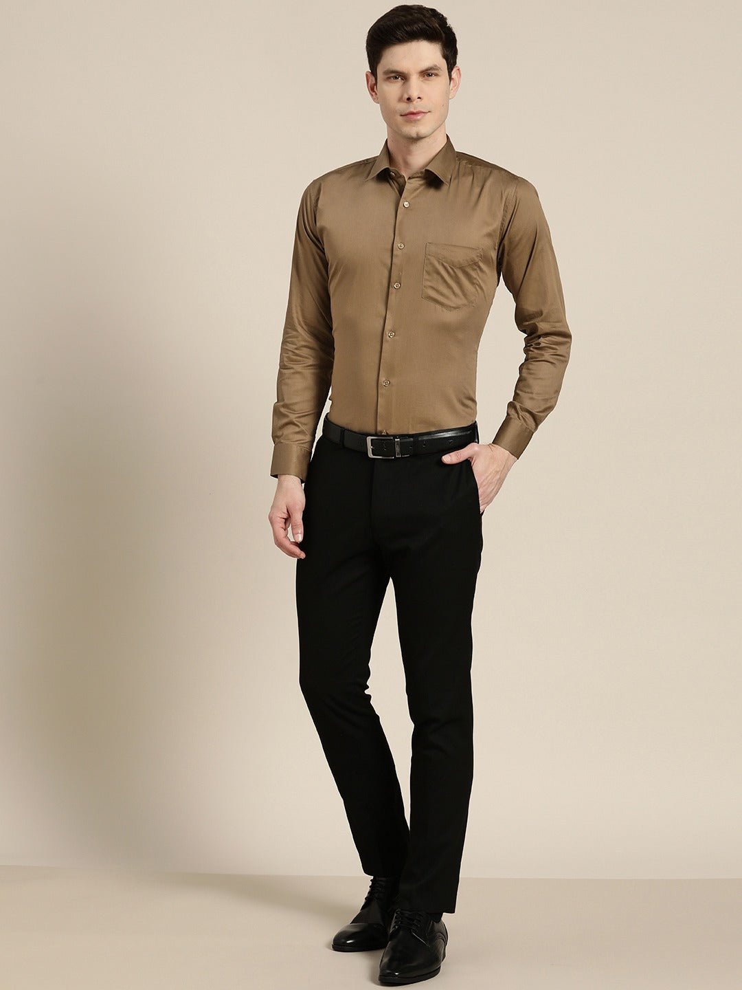 Men Brown Solid Pure Cotton Satin Slim Fit Formal Shirtt - #folk republic#