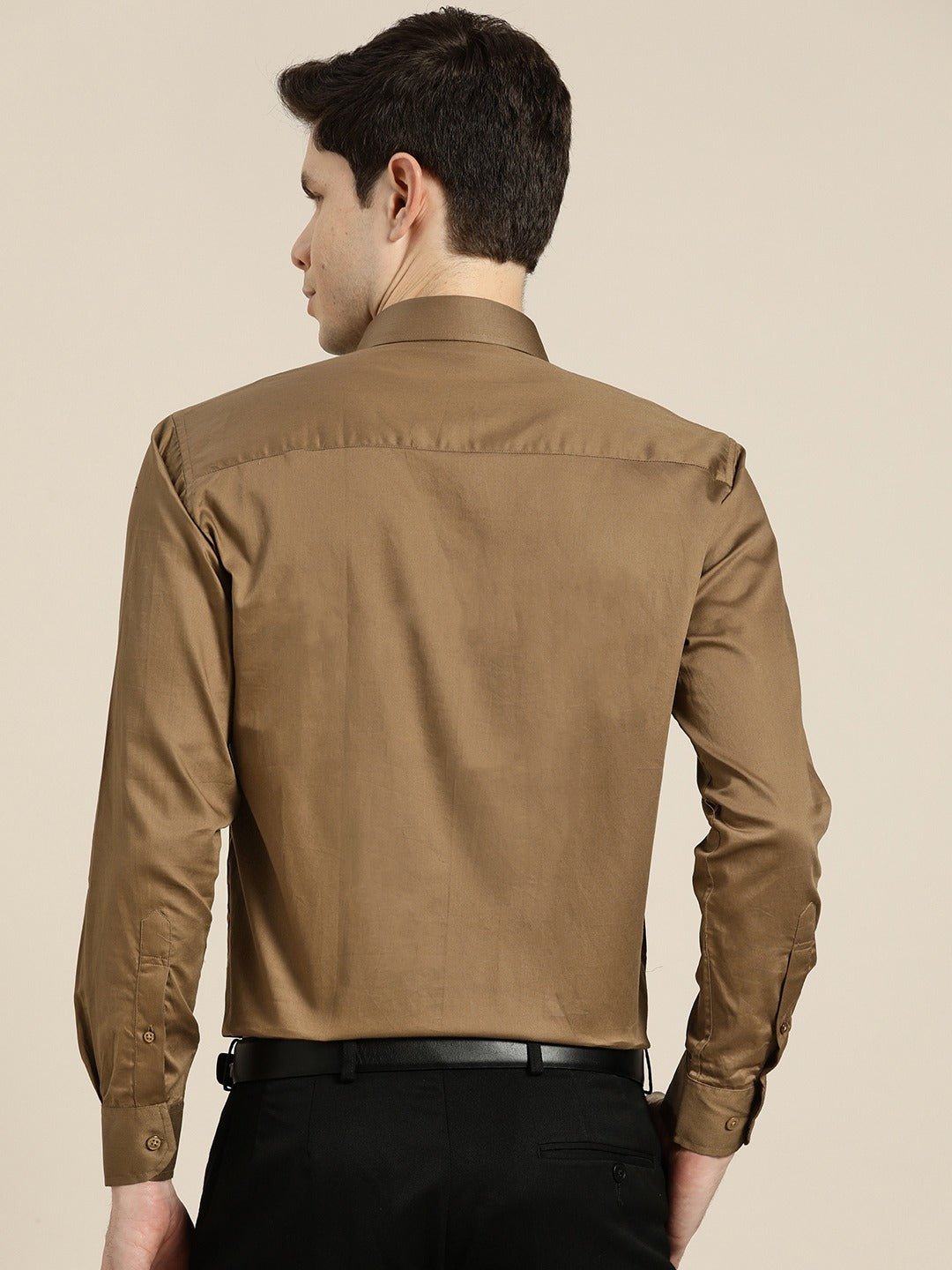 Men Brown Solid Pure Cotton Satin Slim Fit Formal Shirtt - #folk republic#