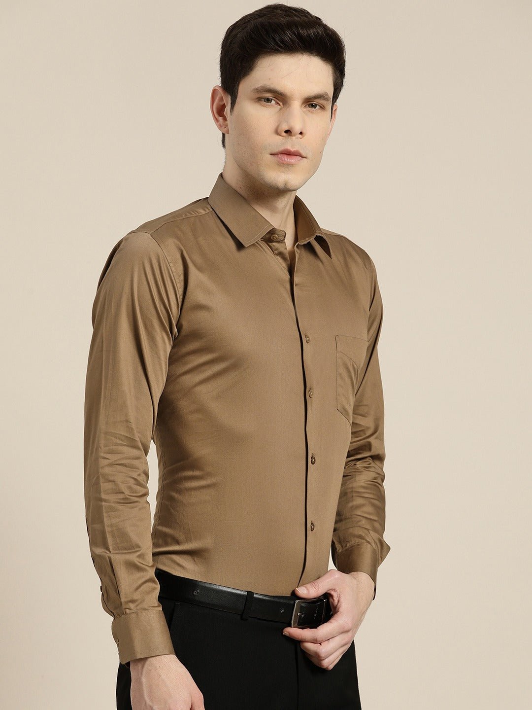 Men Brown Solid Pure Cotton Satin Slim Fit Formal Shirtt - #folk republic#