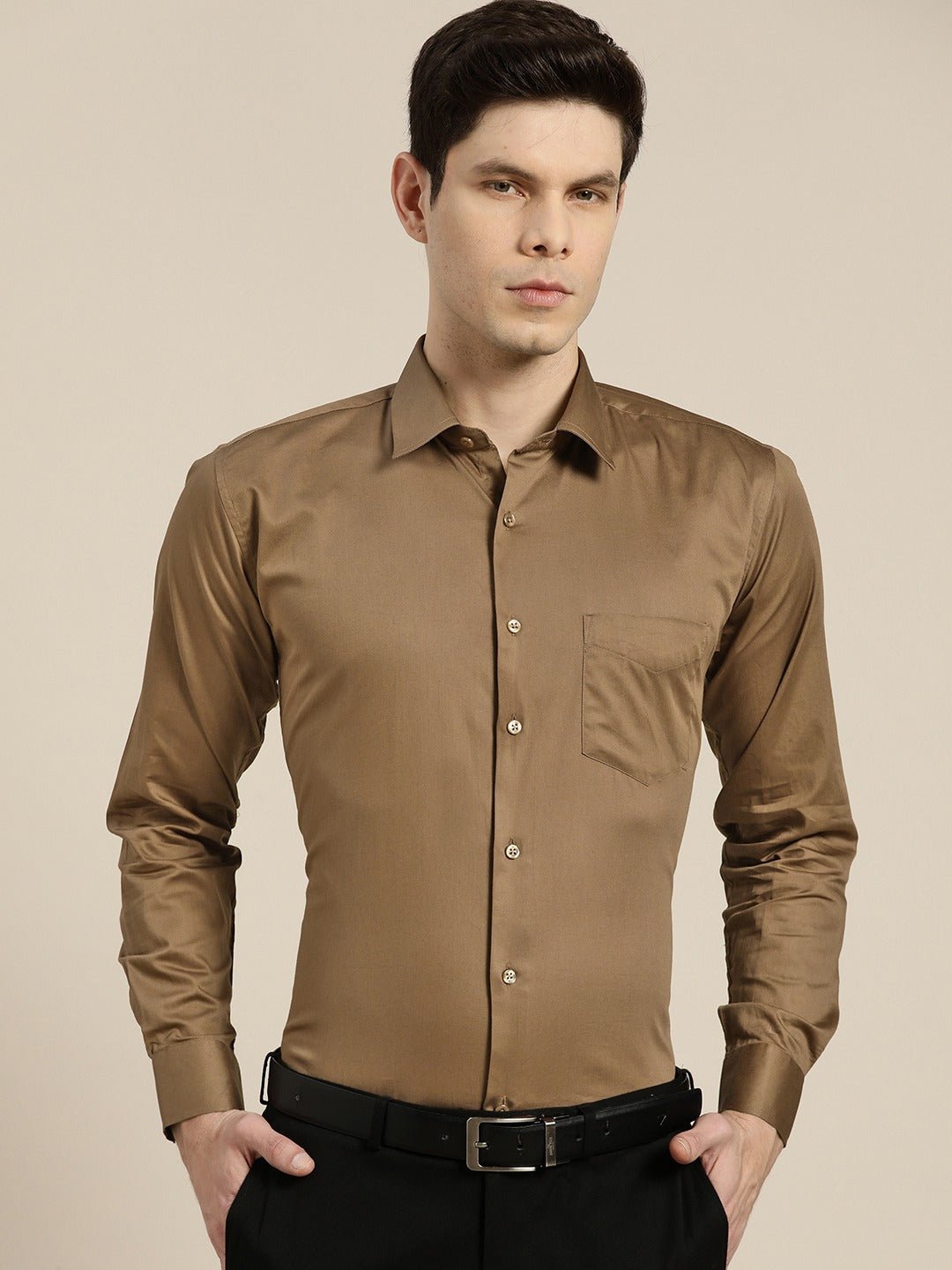 Men Brown Solid Pure Cotton Satin Slim Fit Formal Shirtt - #folk republic#
