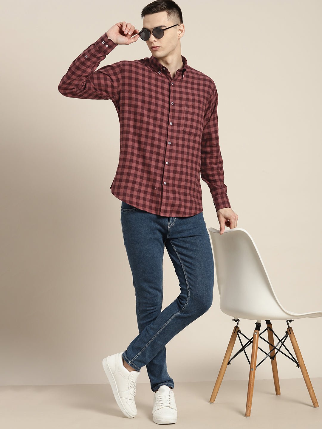 Men Burgundy & Mauve Checks Pure Cotton Slim fit Casual Shirt - #folk republic#