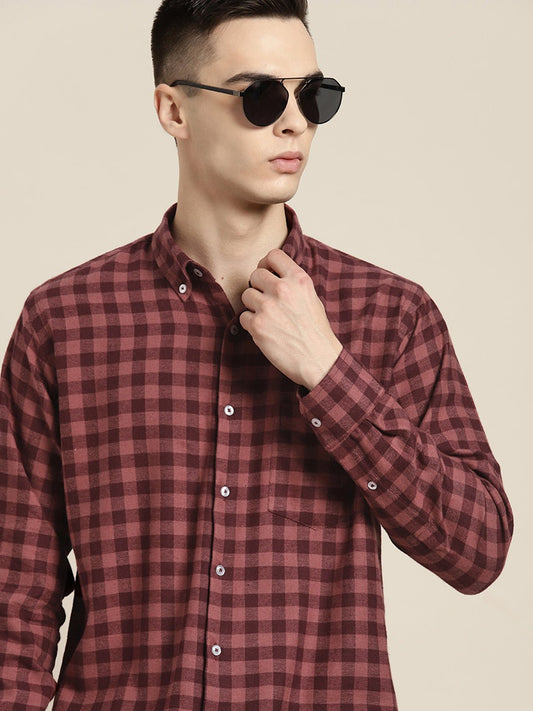 Men Burgundy & Mauve Checks Pure Cotton Slim fit Casual Shirt - #folk republic#