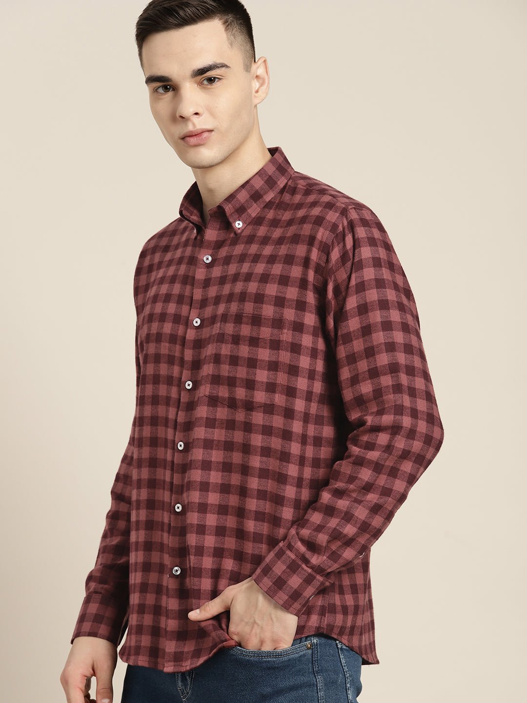 Men Burgundy & Mauve Checks Pure Cotton Slim fit Casual Shirt - #folk republic#