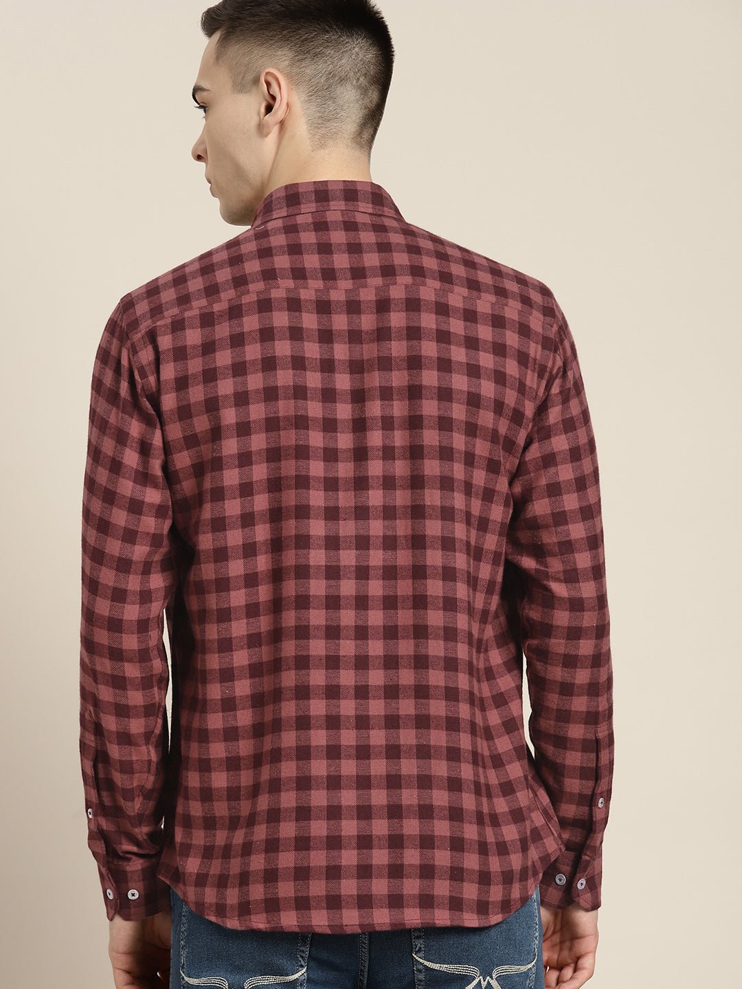 Men Burgundy & Mauve Checks Pure Cotton Slim fit Casual Shirt - #folk republic#