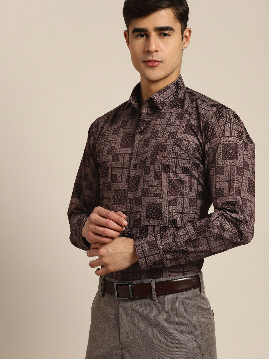 Men Burgundy Print Pure Cotton Slim fit Party Shirt - #folk republic#