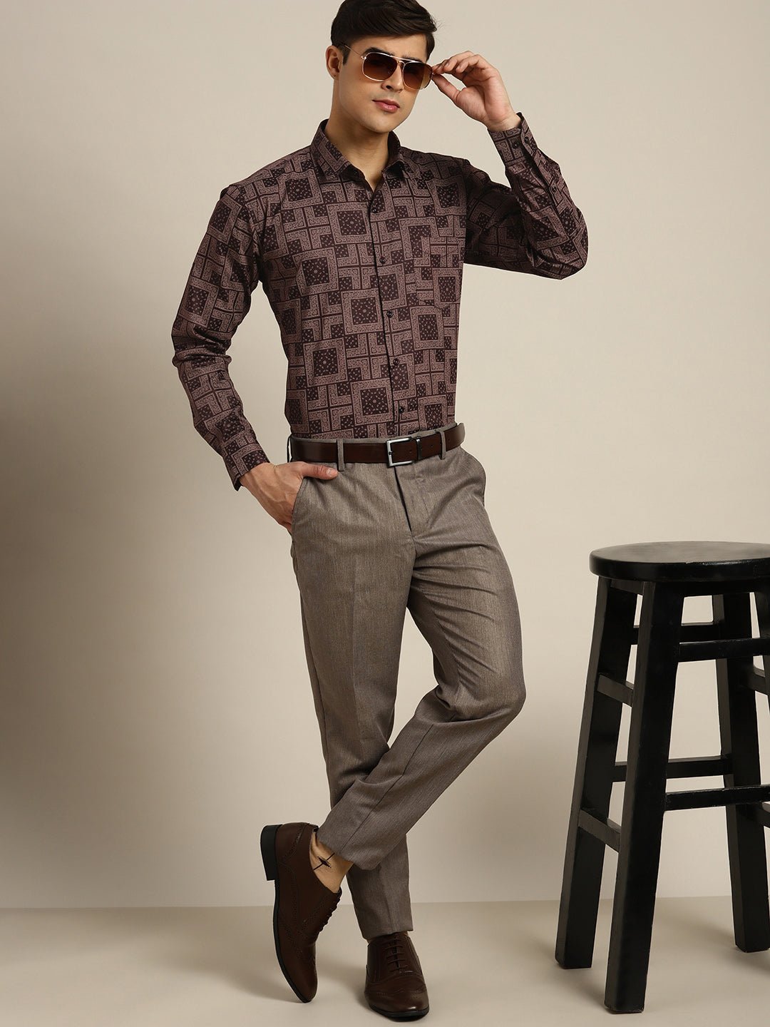 Men Burgundy Print Pure Cotton Slim fit Party Shirt - #folk republic#