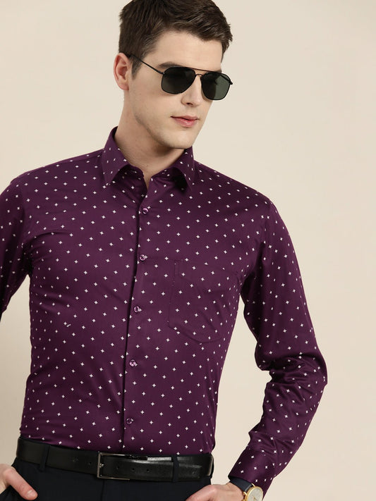 Men Burgundy Print Pure Cotton Slim fit Party Shirt - #folk republic#