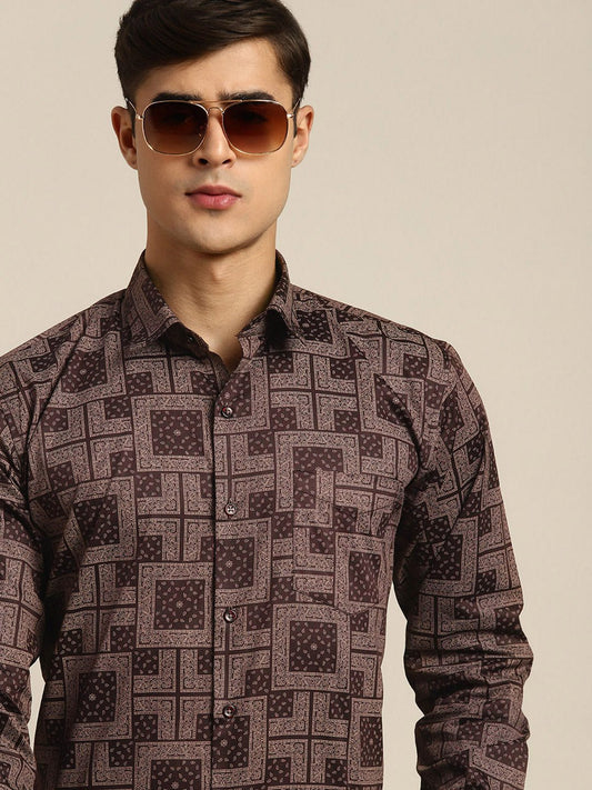 Men Burgundy Print Pure Cotton Slim fit Party Shirt - #folk republic#