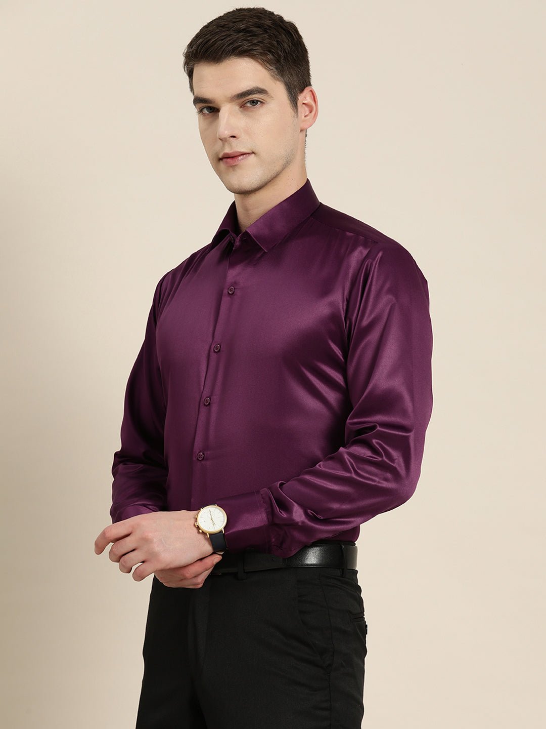 Men Burgundy Solid Satin Tuxedo Slim fit Party Shirt - #folk republic#