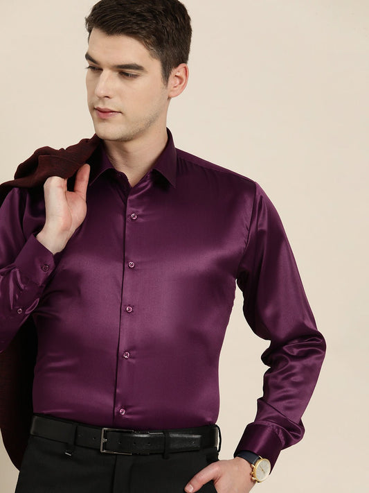 Men Burgundy Solid Satin Tuxedo Slim fit Party Shirt - #folk republic#