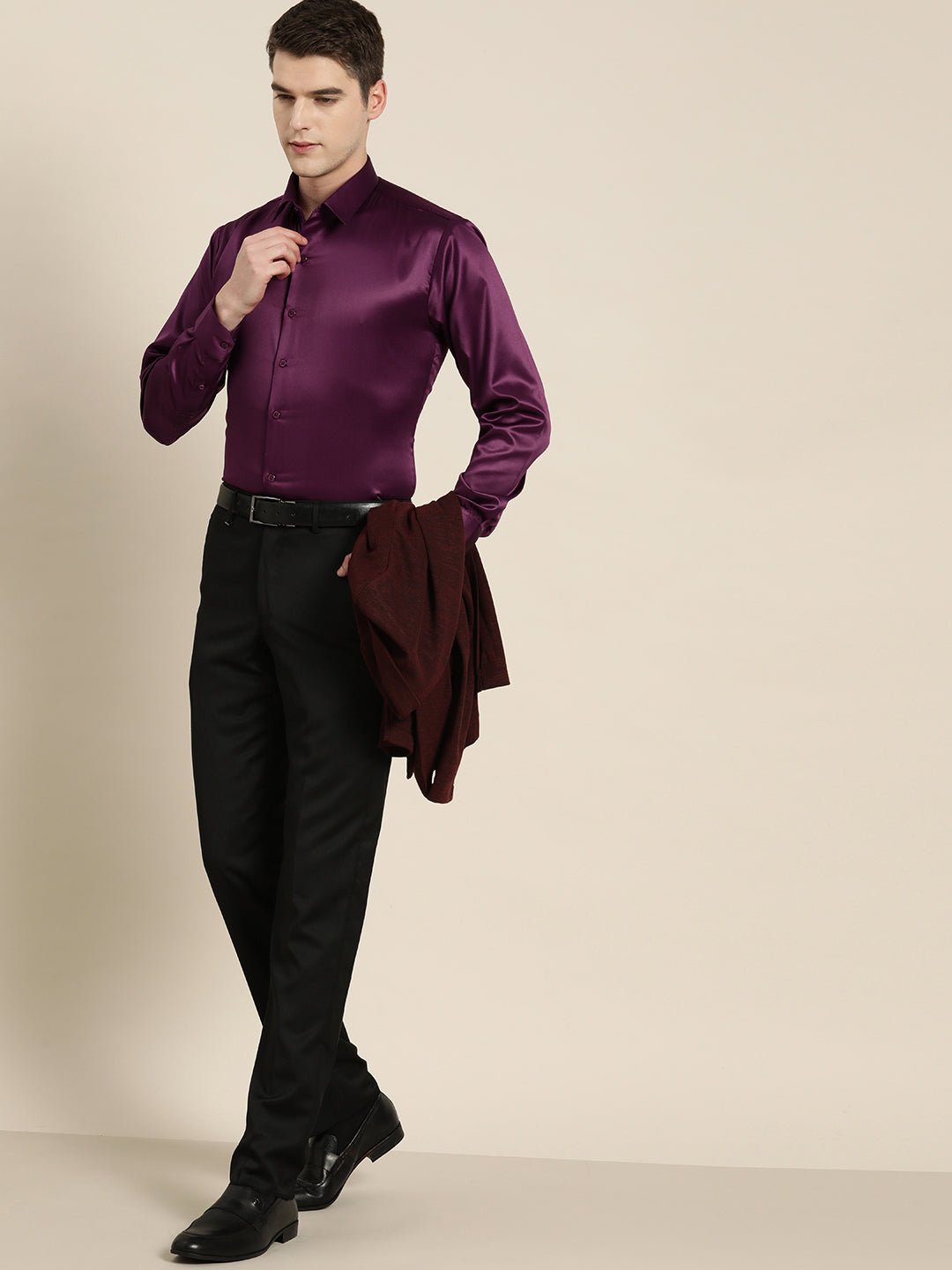 Men Burgundy Solid Satin Tuxedo Slim fit Party Shirt - #folk republic#