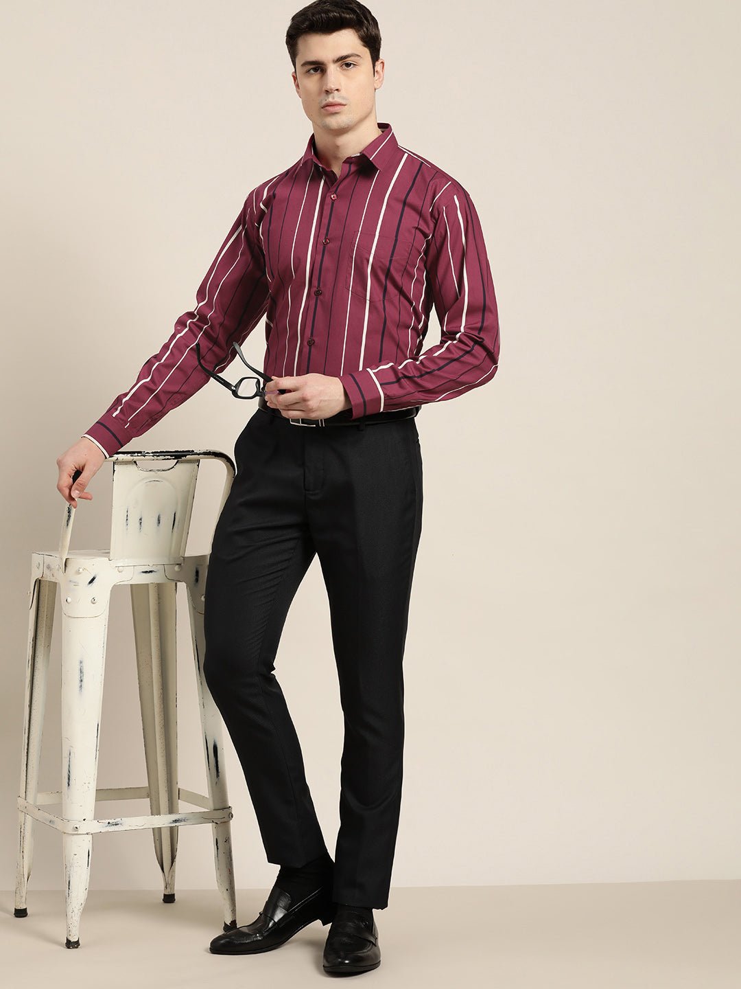 Men Burgundy Stripes Pure Cotton Slim fit Formal Shirt - #folk republic#